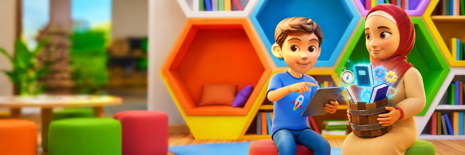 Maryam and Zayn in a colourful classroom
